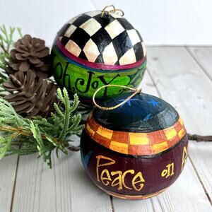 Set of 2 Vintage Handpainted Whimsical Ball Ornaments Signed Betsy Peterson 2.5"